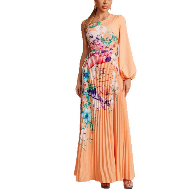 Floral Print Pleated High-Waist Asymmetric Neck Long Dress