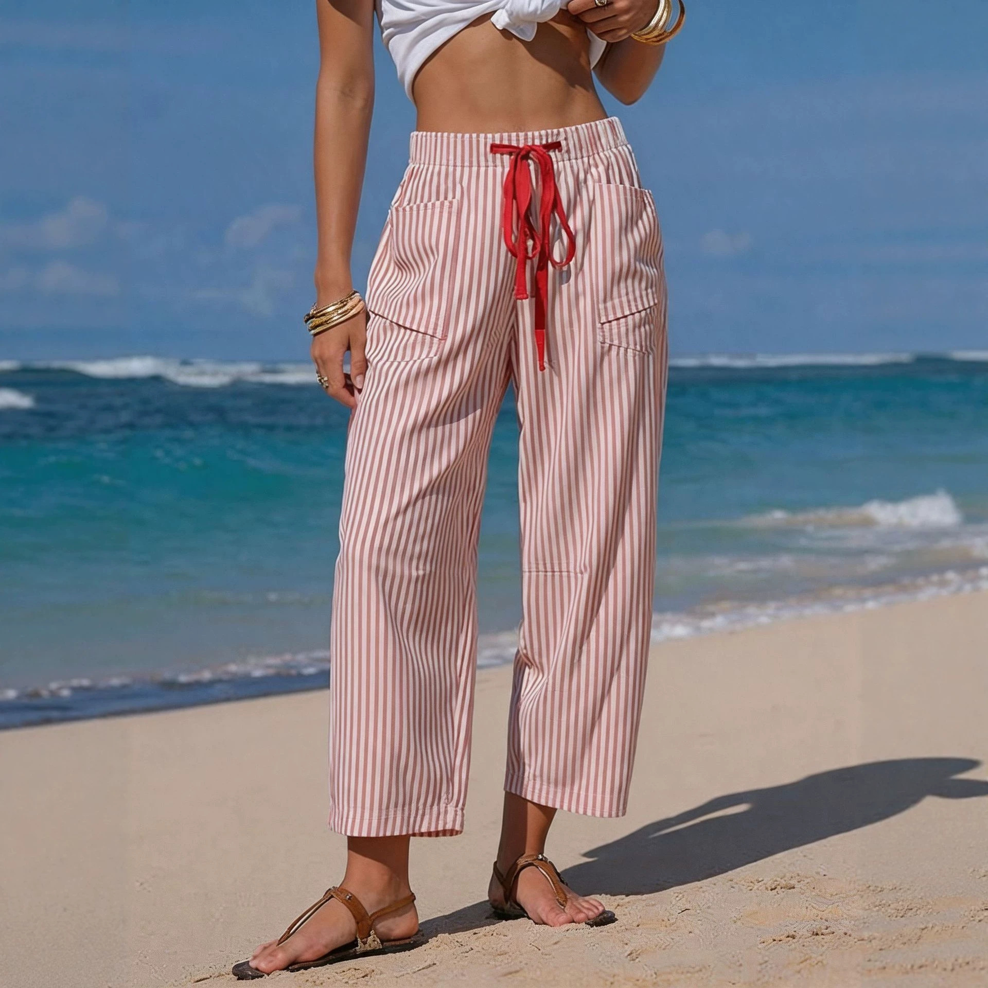 Striped Faux Linen Cropped Pants with Drawstring and Pockets