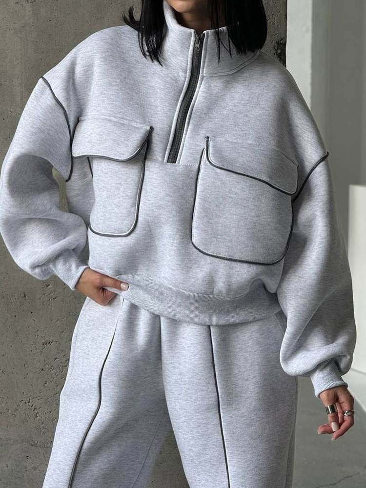 Women's Half-Zip Hoodie and Pants Set with Pockets