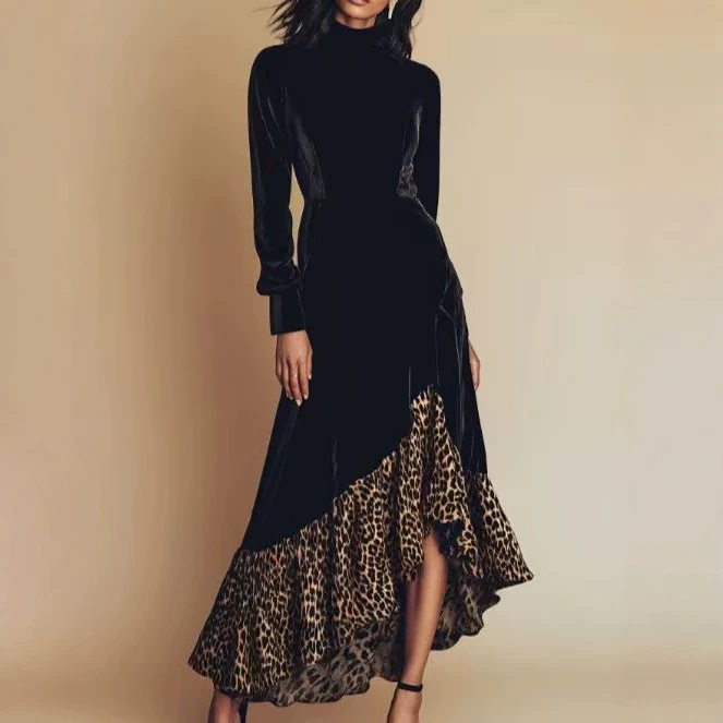 Western Style Leopard Print Patchwork Zip Dress