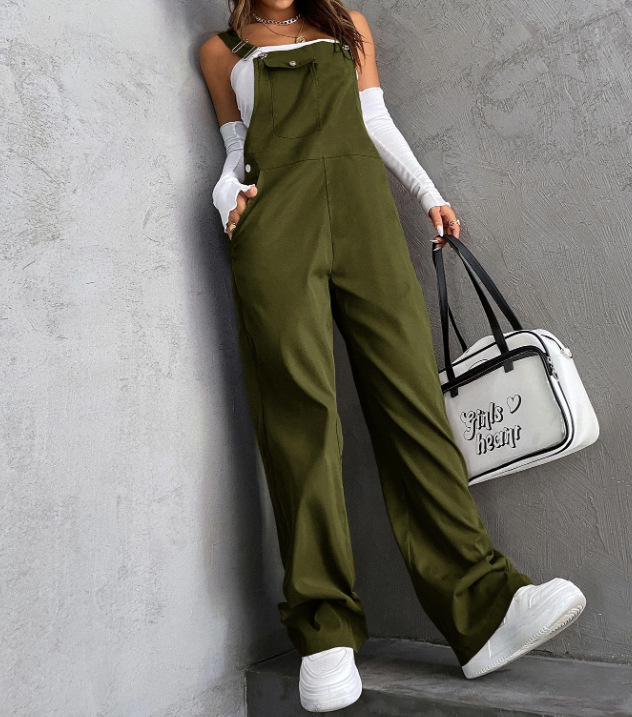 Women's Vintage Solid Straight-Leg Cargo Overalls Loose Casual Jumpsuit