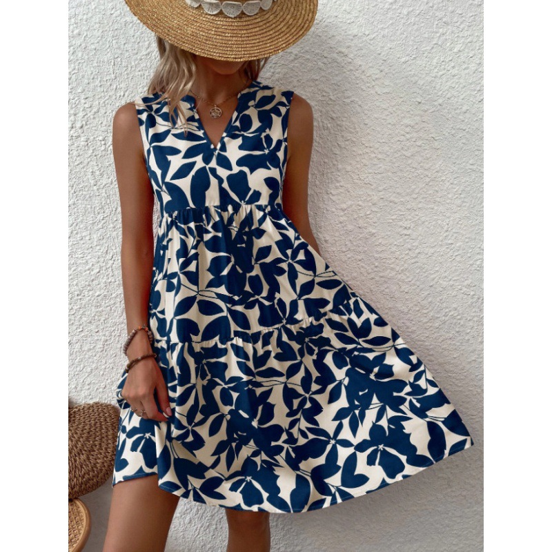 Women's Sleeveless V-Neck Floral Print Midi Dress