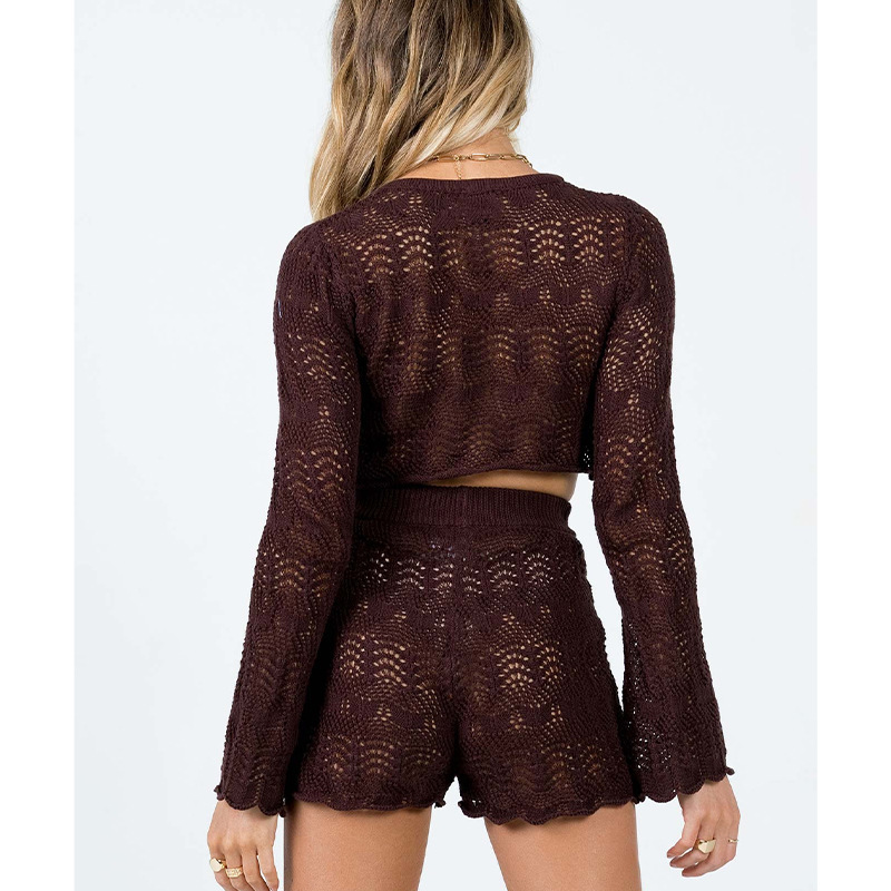 Women's Open-Knit Shorts Set with Long-Sleeve Crop Sweater