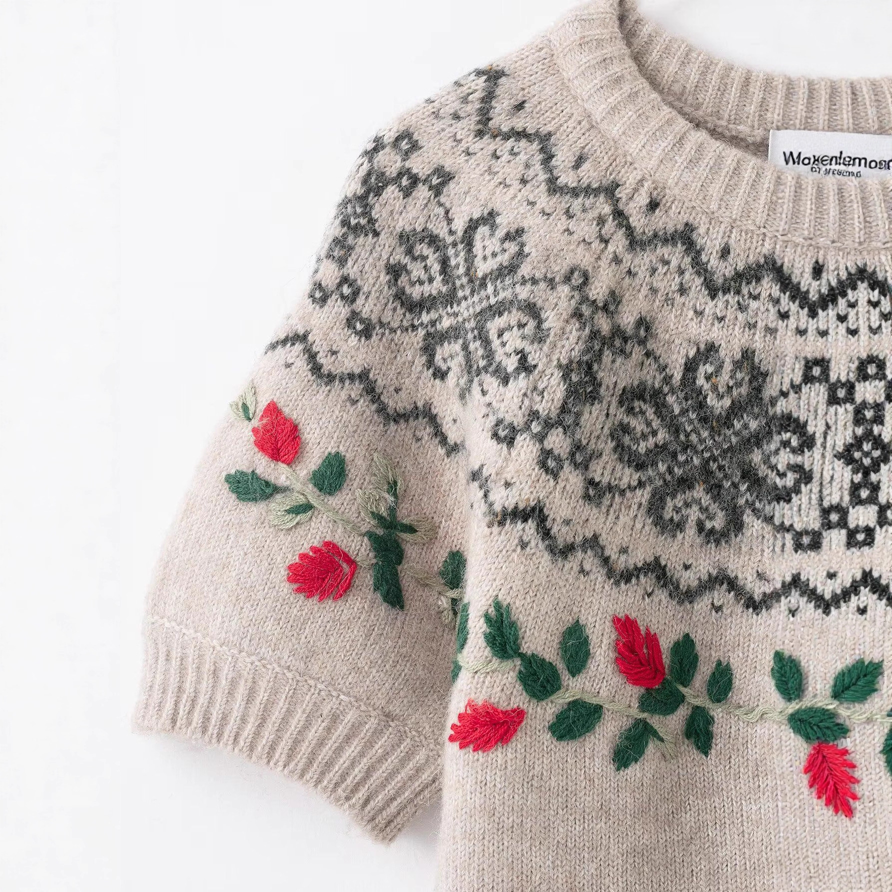 Women's Retro Jacquard Embroidered Crewneck Knit Sweater
