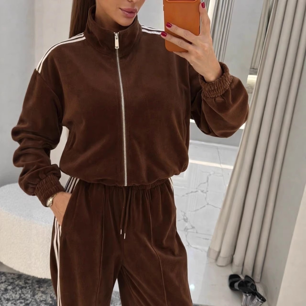 Women's Casual Two-Piece Set Long Sleeve Zip Cardigan and Tie-Waist Pants