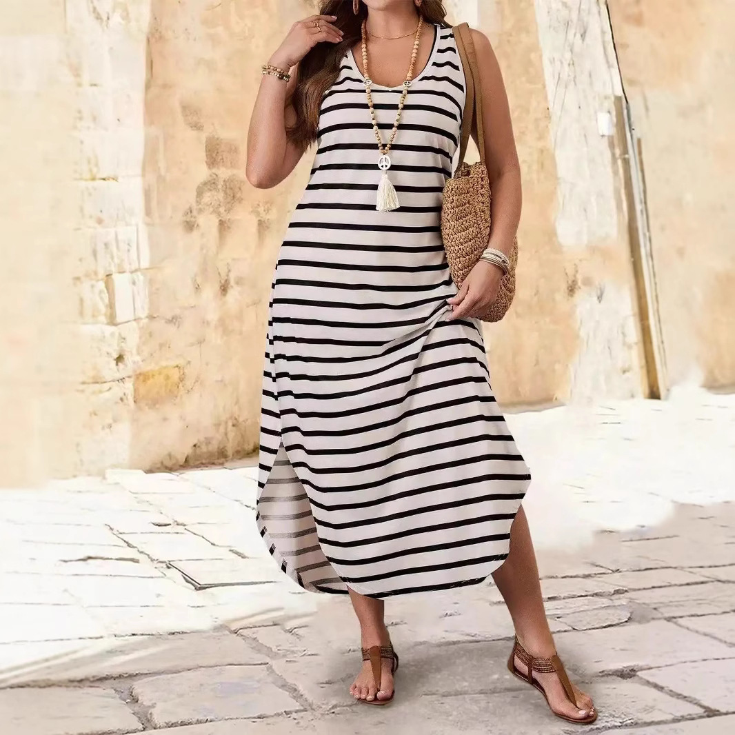 Striped Sleeveless Midi Dress Casual Beach Sundress