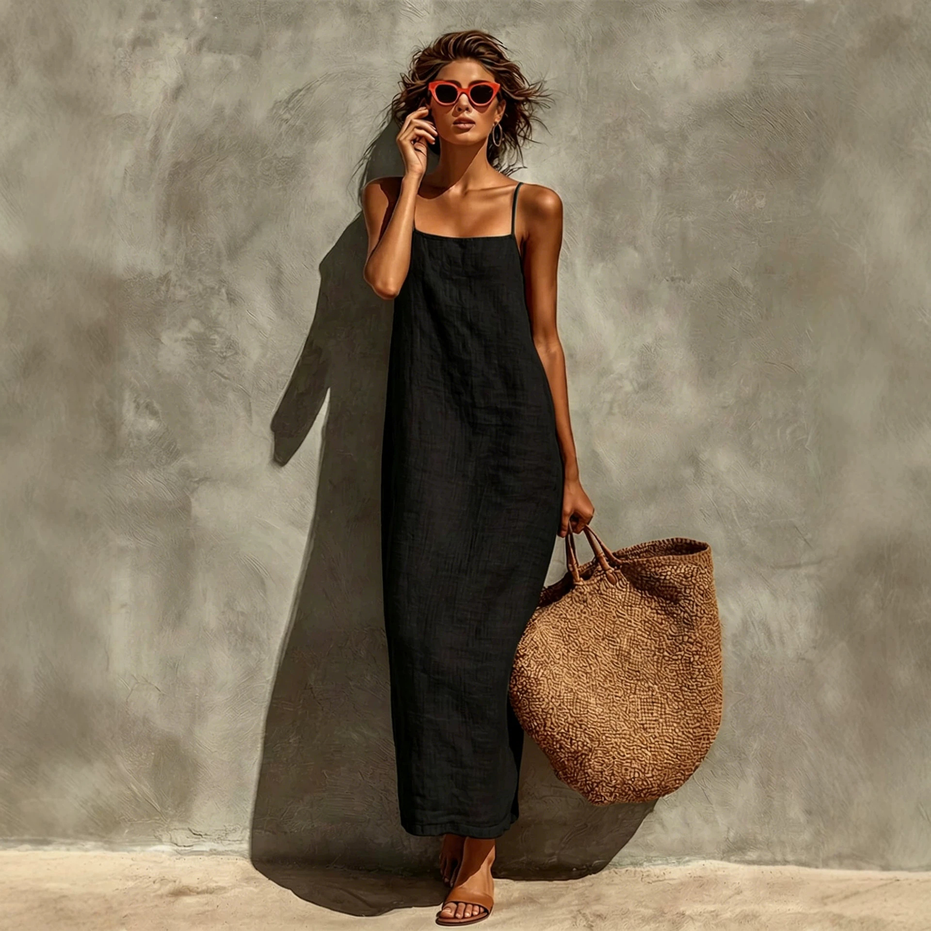 Women's Solid Color Cotton Linen Sleeveless Long Cami Dress