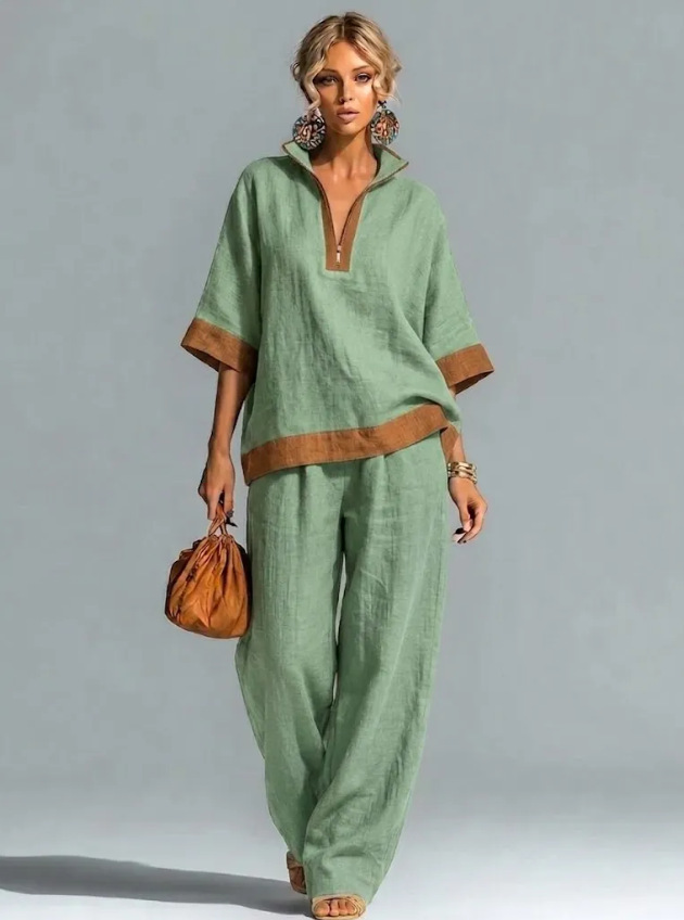 Women's Color-Block Half-Zip Cotton-Linen Shirt & Pants Set