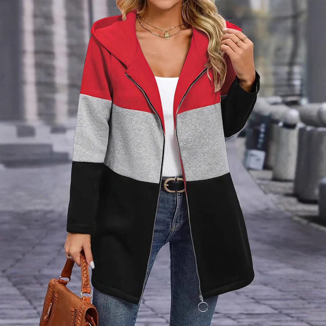 Women's Casual Loose Color-Block Three-Tone Hooded Zip Jacket