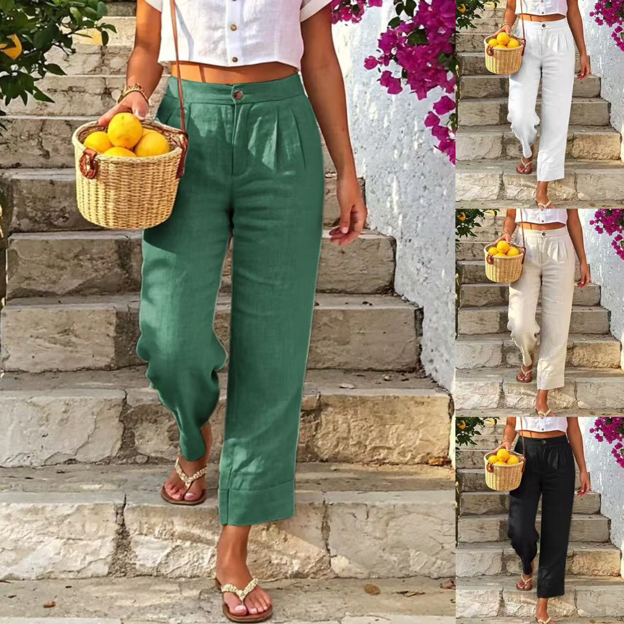 Women's Cotton-Linen Straight-Leg Cropped Pants with Button Detail