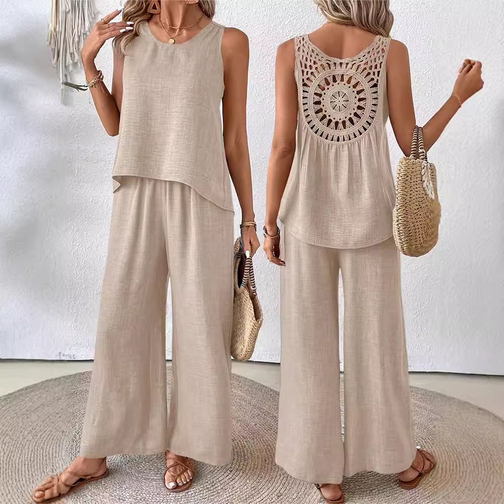 Women's Two-Piece Sleeveless Tank Top and Wide-Leg Pants Set with Hollow-Out Lace Trim