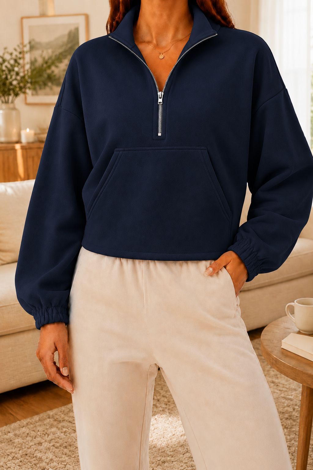Women's Half-Zip Collared Cropped Hoodie with Kangaroo Pocket