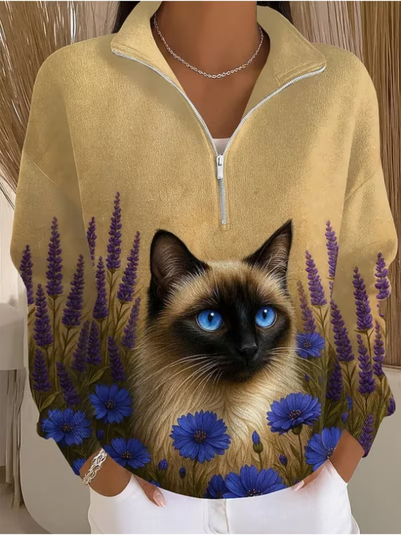 Cute Animal Print Half-Zip Hoodie for Women