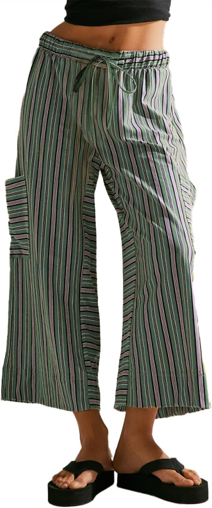 Striped Straight-Leg Drawstring Wide-Leg Beach Pants for Women