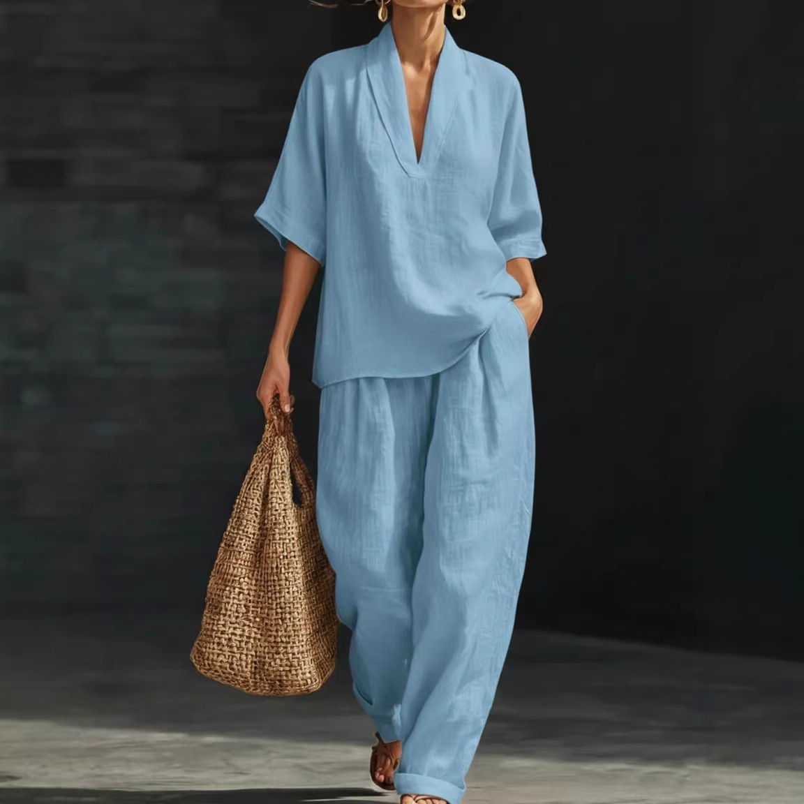 Women's Casual Loose Solid Color Two-Piece Set Short Sleeve T-Shirt and Pants