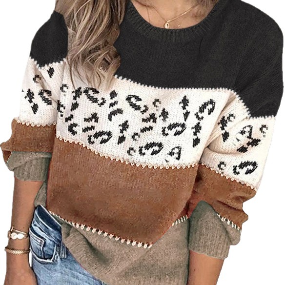 Leopard Print Patchwork Knit Pullover Sweater