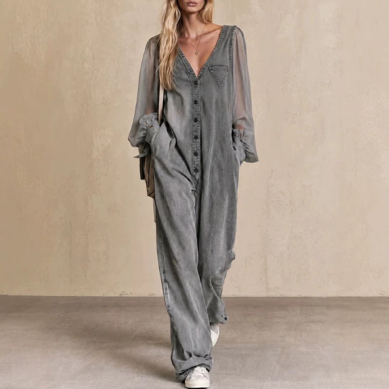 Retro Gray V-Neck Wide-Leg Denim Jumpsuit
