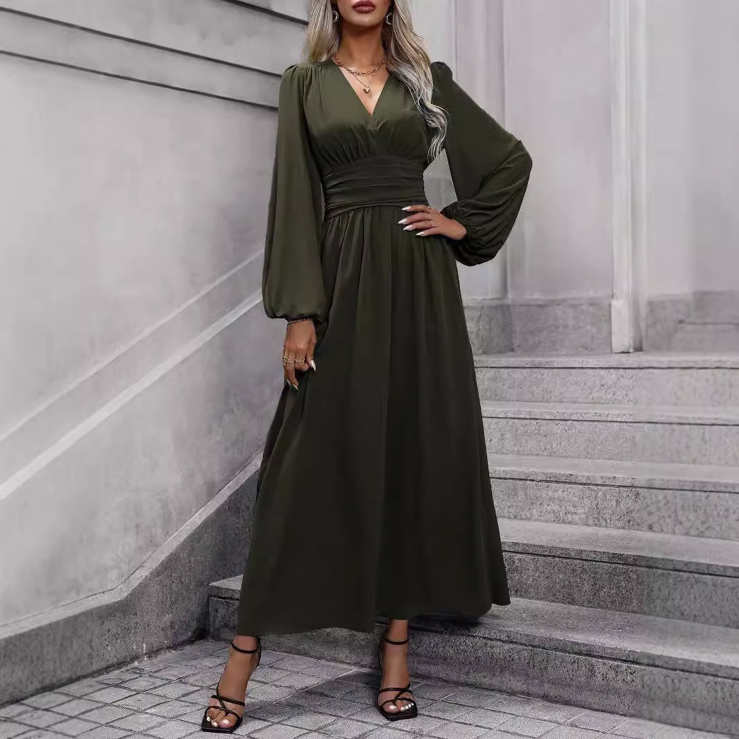 Women's Lantern Sleeve Ruched High Slit Dress