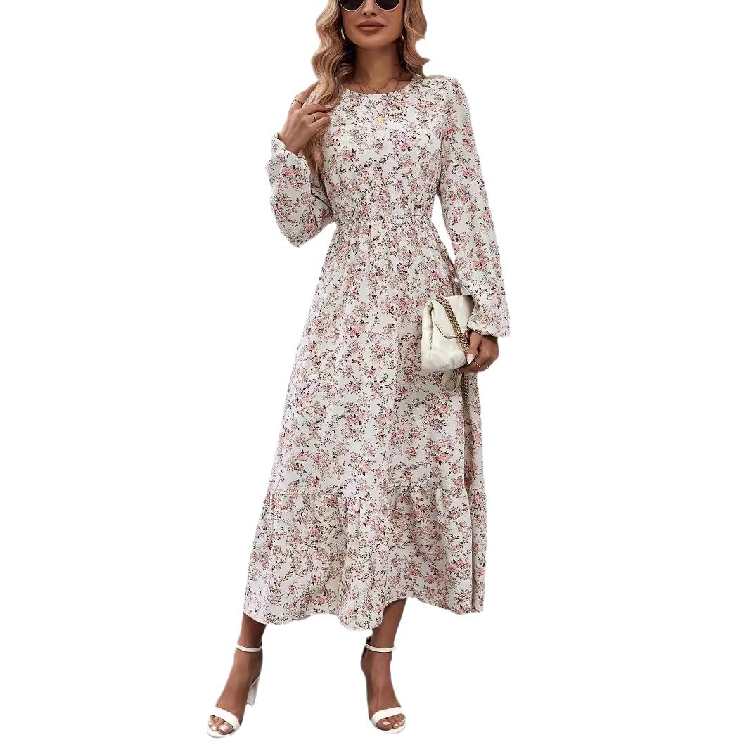 Women's Floral Print Round Neck Long Sleeve Ruffle Dress