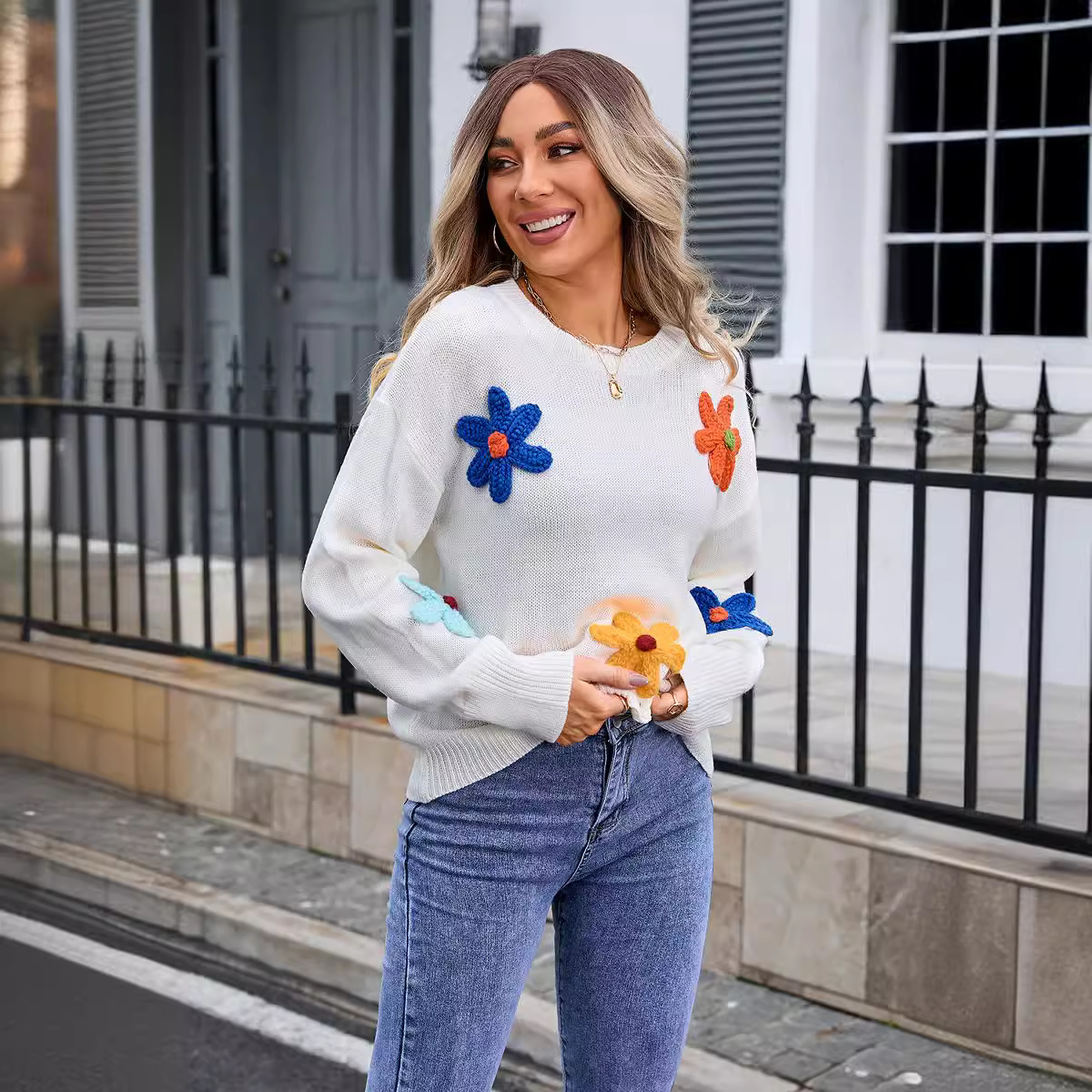 Floral Crewneck Loose Knit Sweater