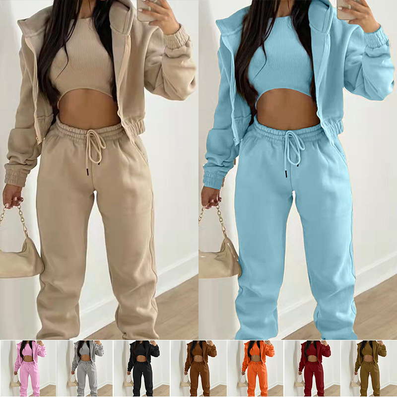 Women's Solid Color Hooded Sweatshirt and Pants Three-Piece Set