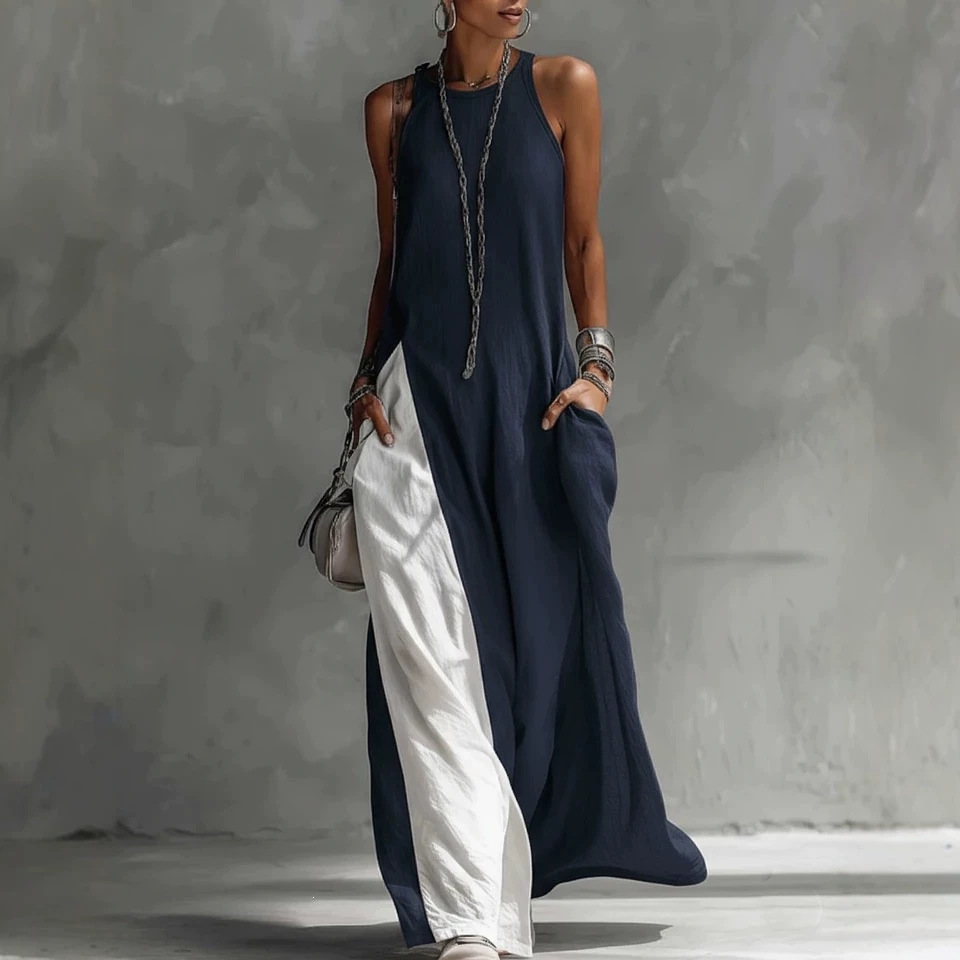 Women's Sleeveless Loose Pocket Colorblock Off-Shoulder Casual Dress