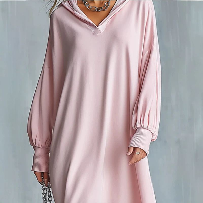 Women's Loose Hooded Plaid Hem Long Dress