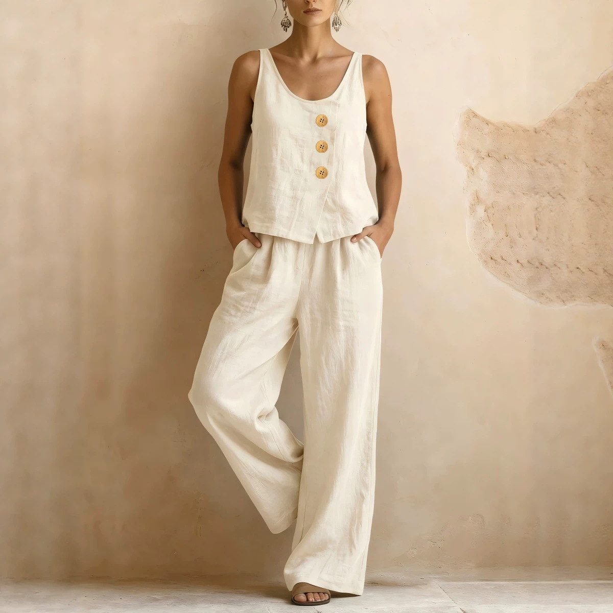 Women's Sleeveless Vest & Wide-Leg Pants Cotton-Linen Two-Piece Set