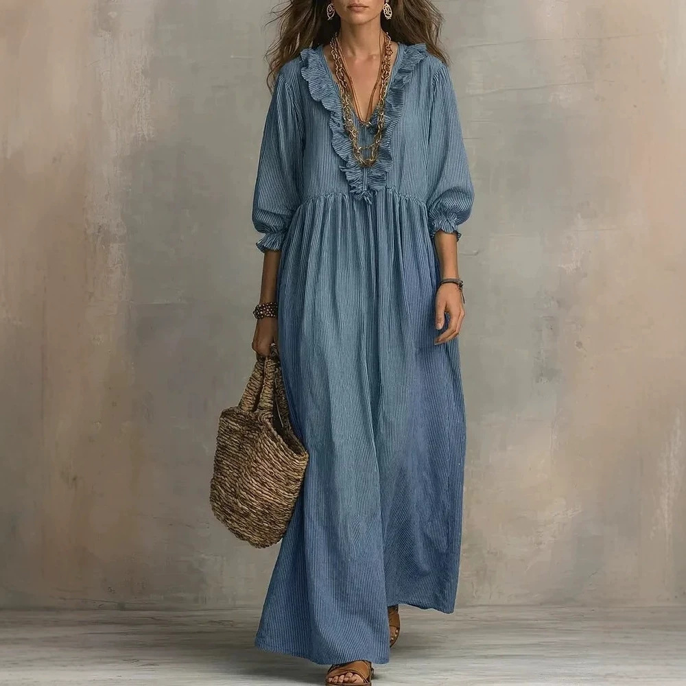 Striped Ruffle High-Waist V-Neck Loose Casual Dress