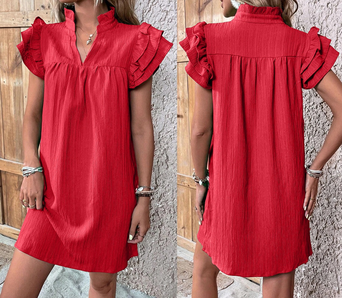 Women's Layered Ruffle Sleeve V-Neck Pullover Dress