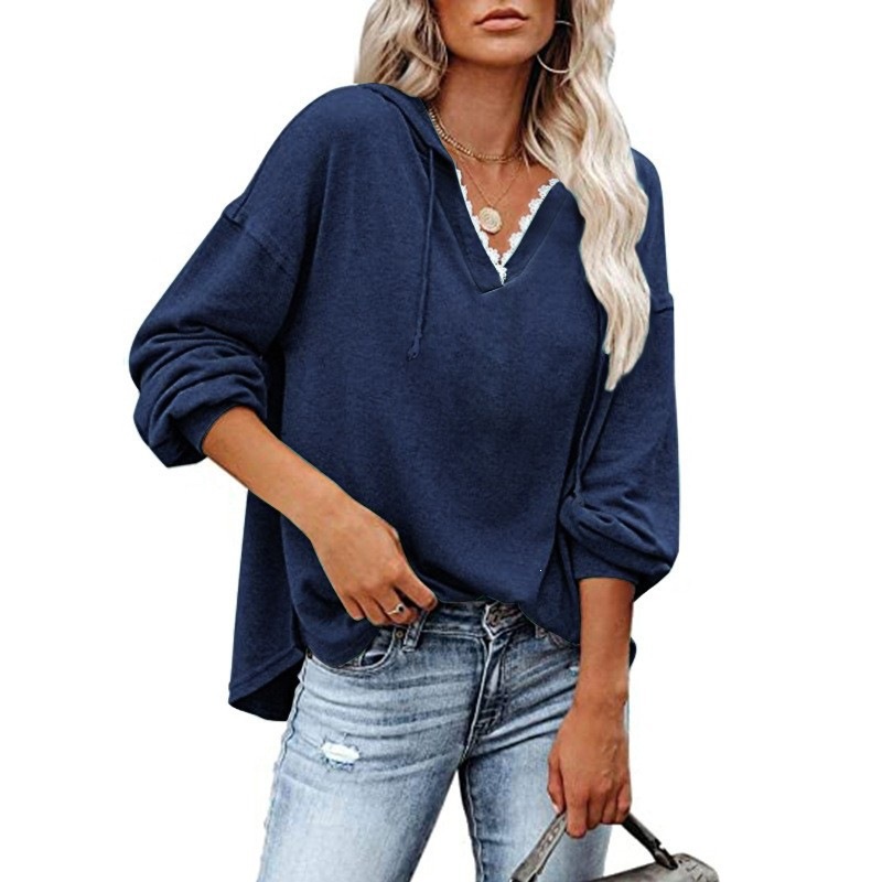 Women's Casual Hooded Lace V-Neck Long Sleeve Sweatshirt