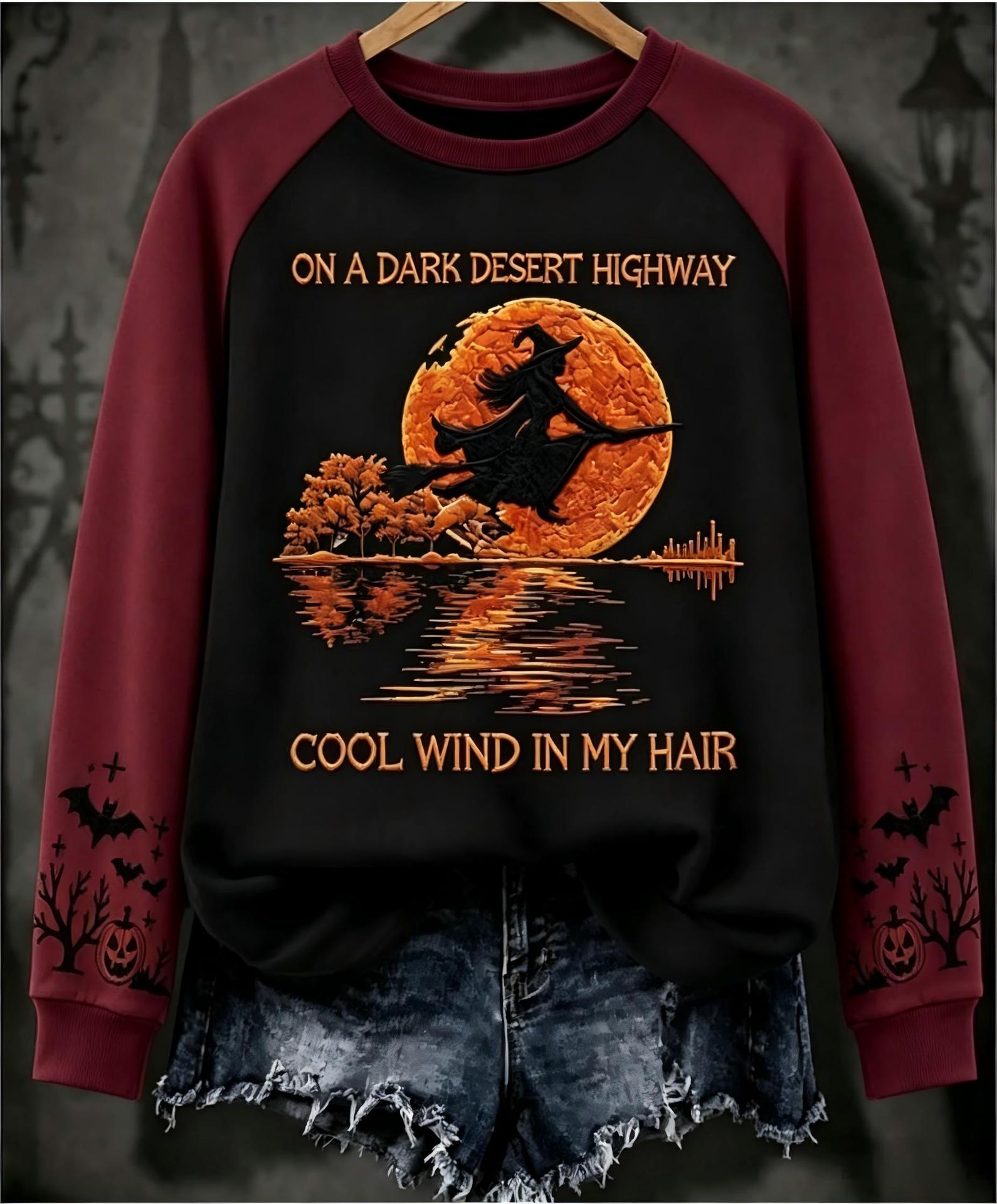Halloween Witch Print Crewneck Long-Sleeve Pullover Sweatshirt
