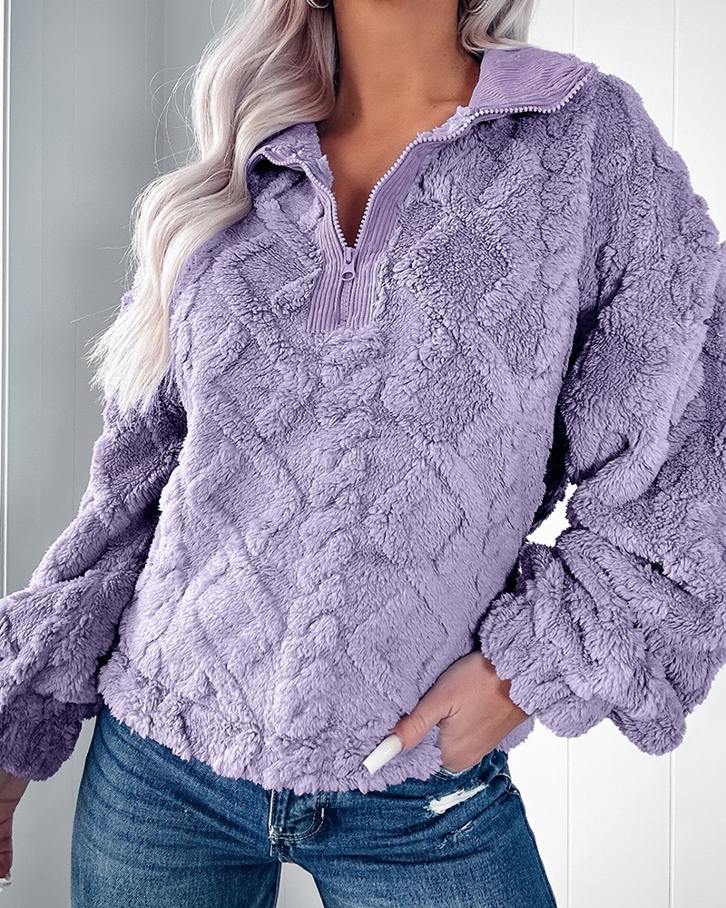 Women's Solid Color Fuzzy Pullover Top with Lantern Sleeves