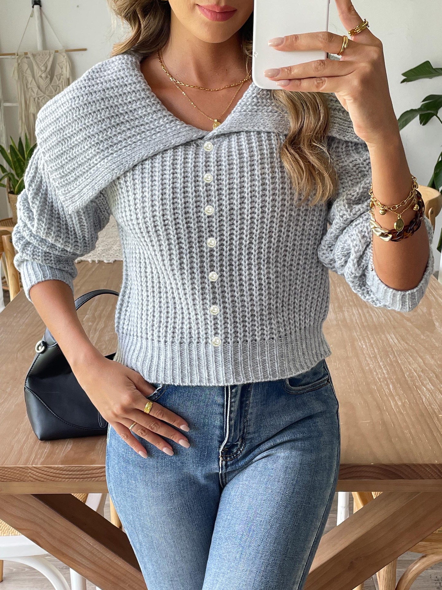 Women's Pearl Beaded Sweater with Large Lapel Collar