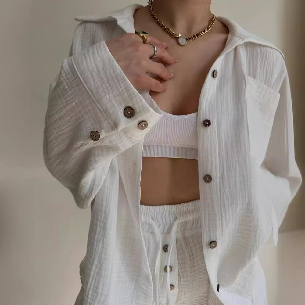 Women's Textured Collared Long Sleeve Shirt and Drawstring Shorts Set