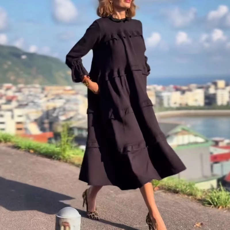 Women's Long Sleeve Ruffle Round Neck Dress
