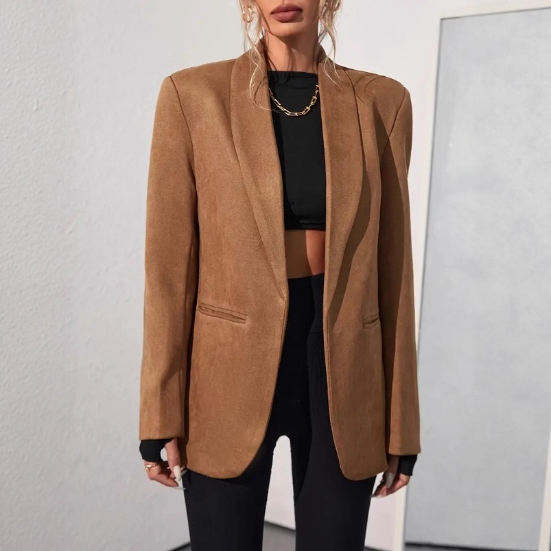 Women's Faux Suede Blazer Jacket Solid Color Long Sleeve