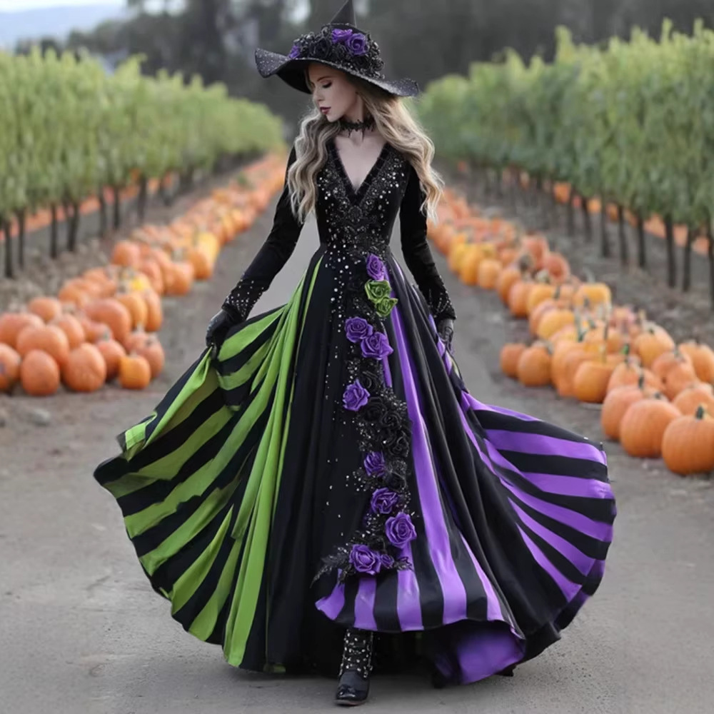 3D Digital Print V-Neck Long Sleeve Maxi Dress with Flared Skirt