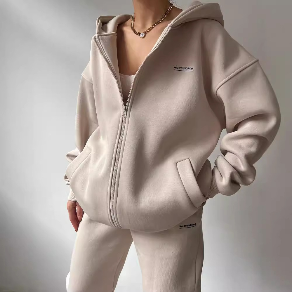 Women's Fleece-Lined Long Sleeve Hoodie and Pants Set with Letter Print