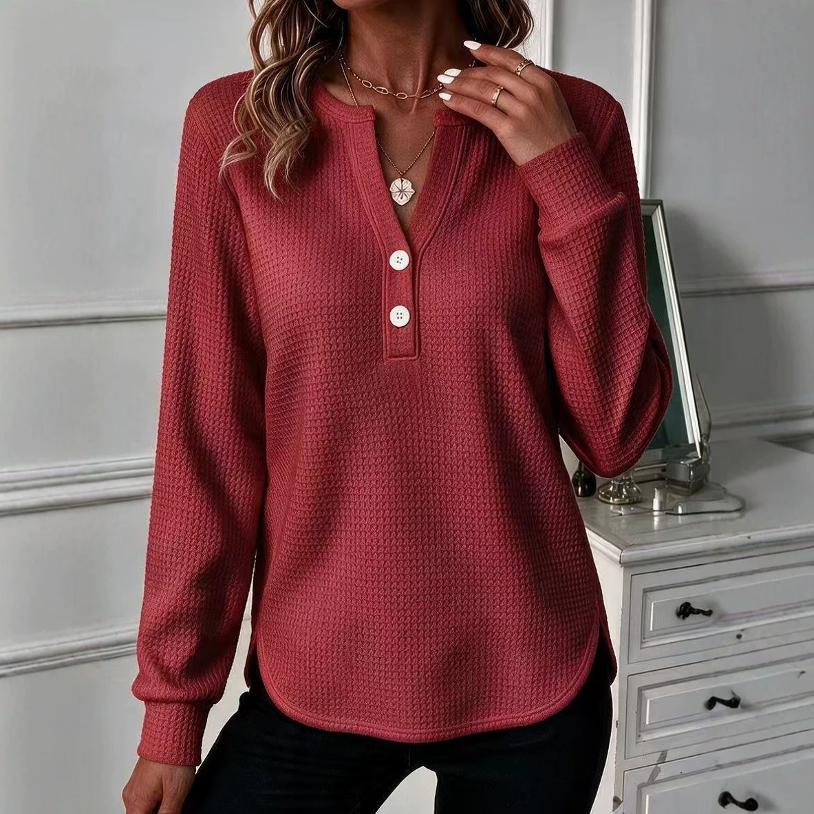 Waffle Knit V-Neck Button Long Sleeve Loose Fit Top
