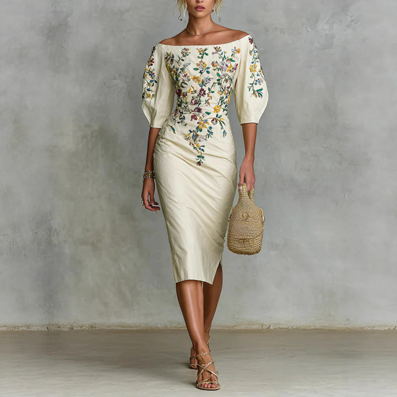Off-Shoulder Faux Suede Bodycon Midi Dress with Lantern Sleeves