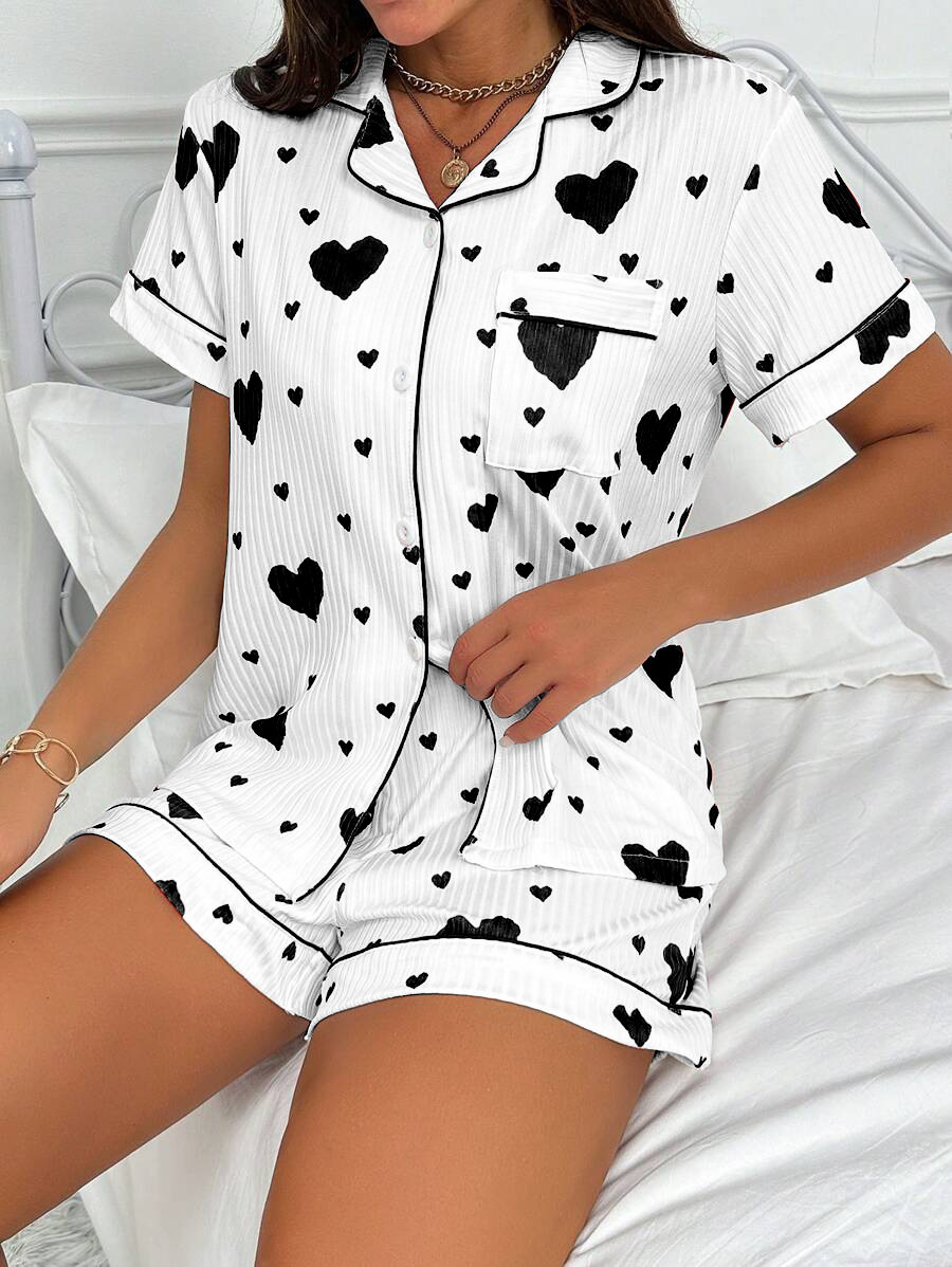 Cuban Collar Heart Bow Print Short Sleeve Women's Casual Two-Piece Set