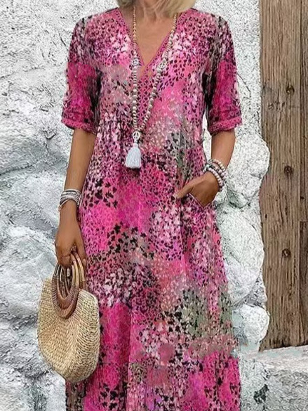 Women's Printed V-Neck Midi Dress with Pockets Casual Vacation Home Wear