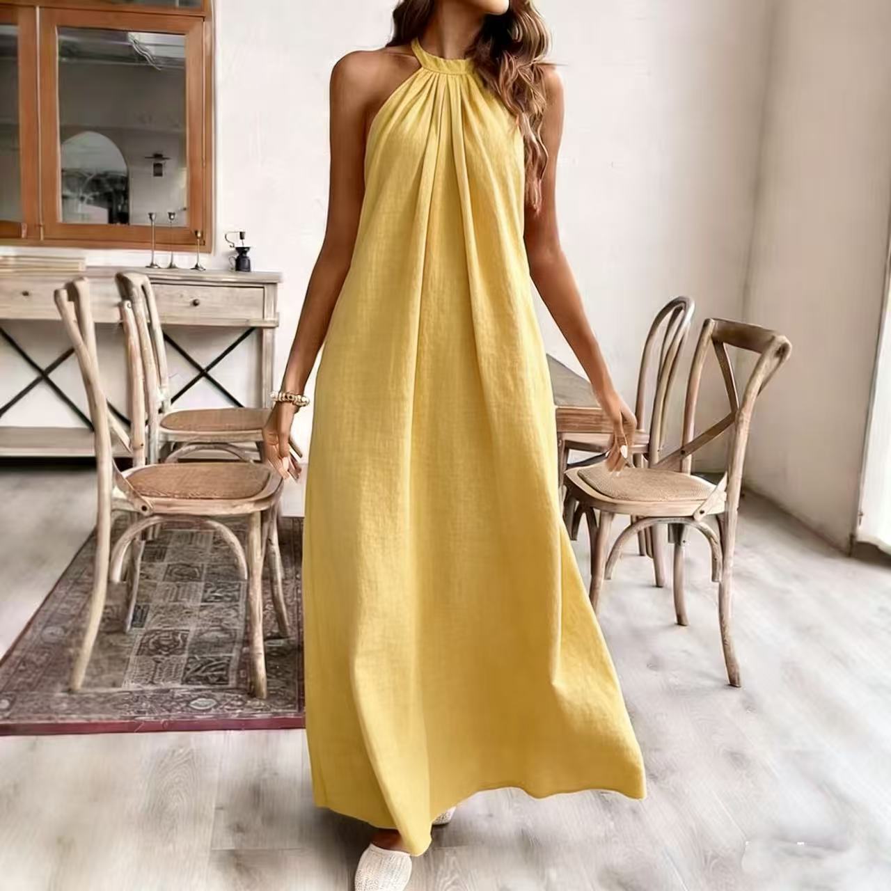 Solid Color Loose Halter Neck Summer Dress Casual Vacation A-Line Midi Dress