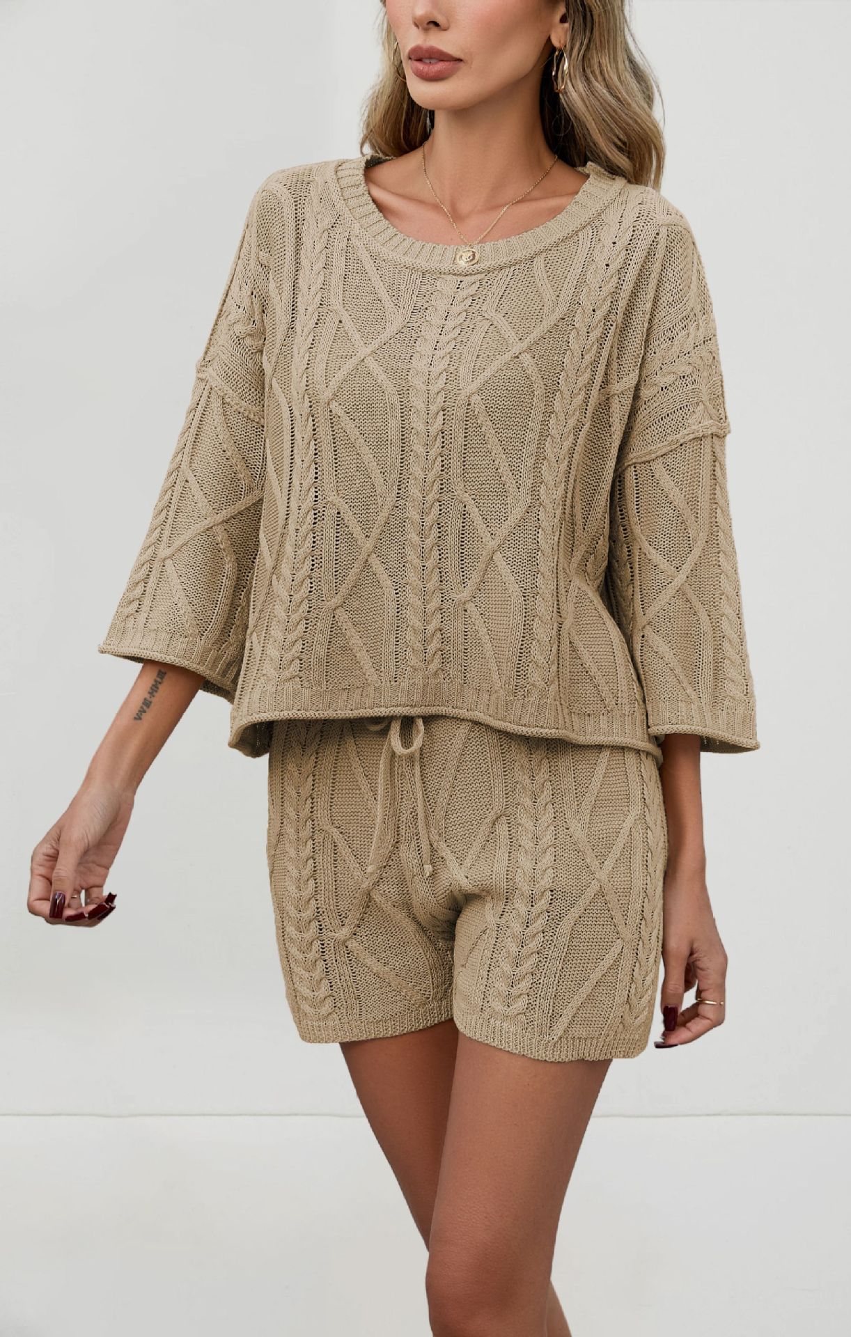 Cable-Knit Solid Color Crewneck Sweater and Shorts Set