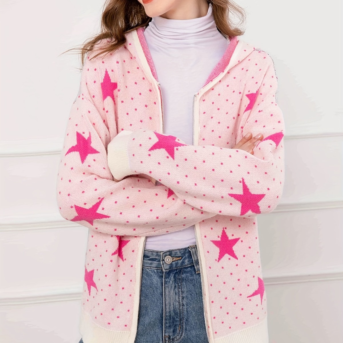 Women's Chunky Knit Hooded Zip Cardigan Sweater with Double-Sided Jacquard Color-Block