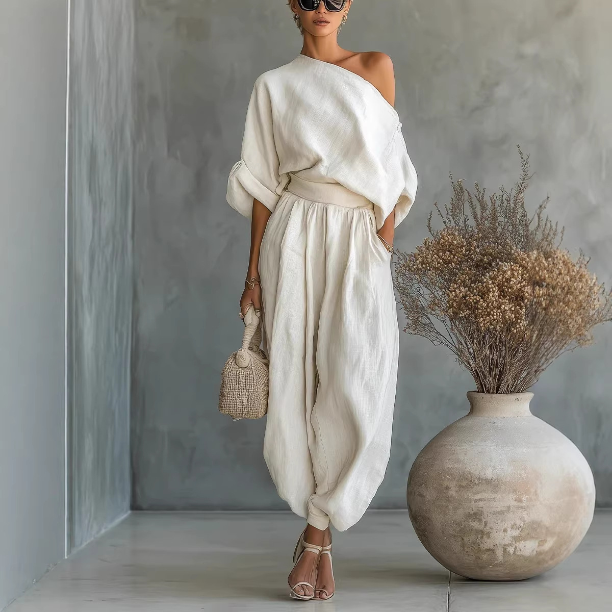 Women's Off-Shoulder T-Shirt and Pants Set Solid Color Casual Loose Two-Piece
