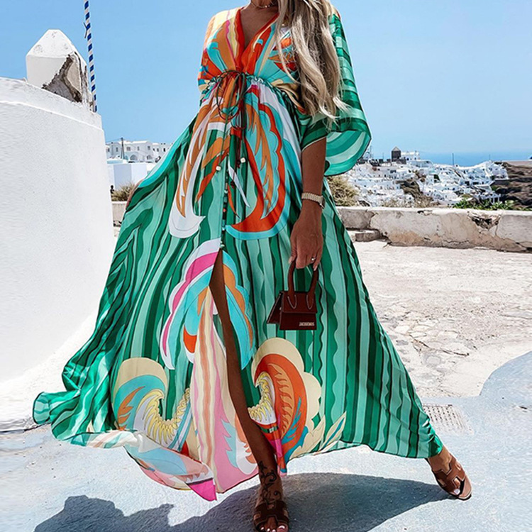 Bohemian V-Neck Slit Printed Maxi Dress Loose Fit Long Sleeve