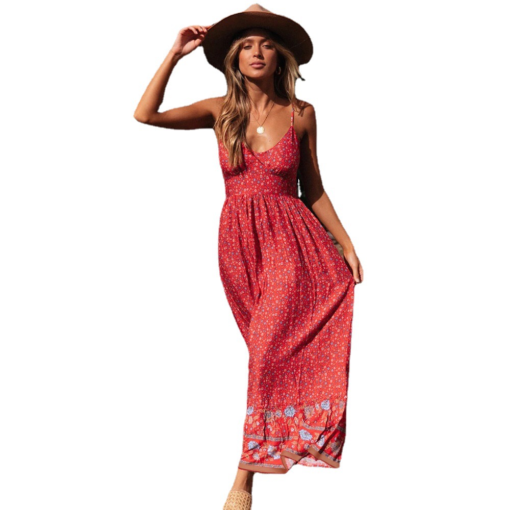 Bohemian V-Neck Floral Maxi Dress with Spaghetti Straps