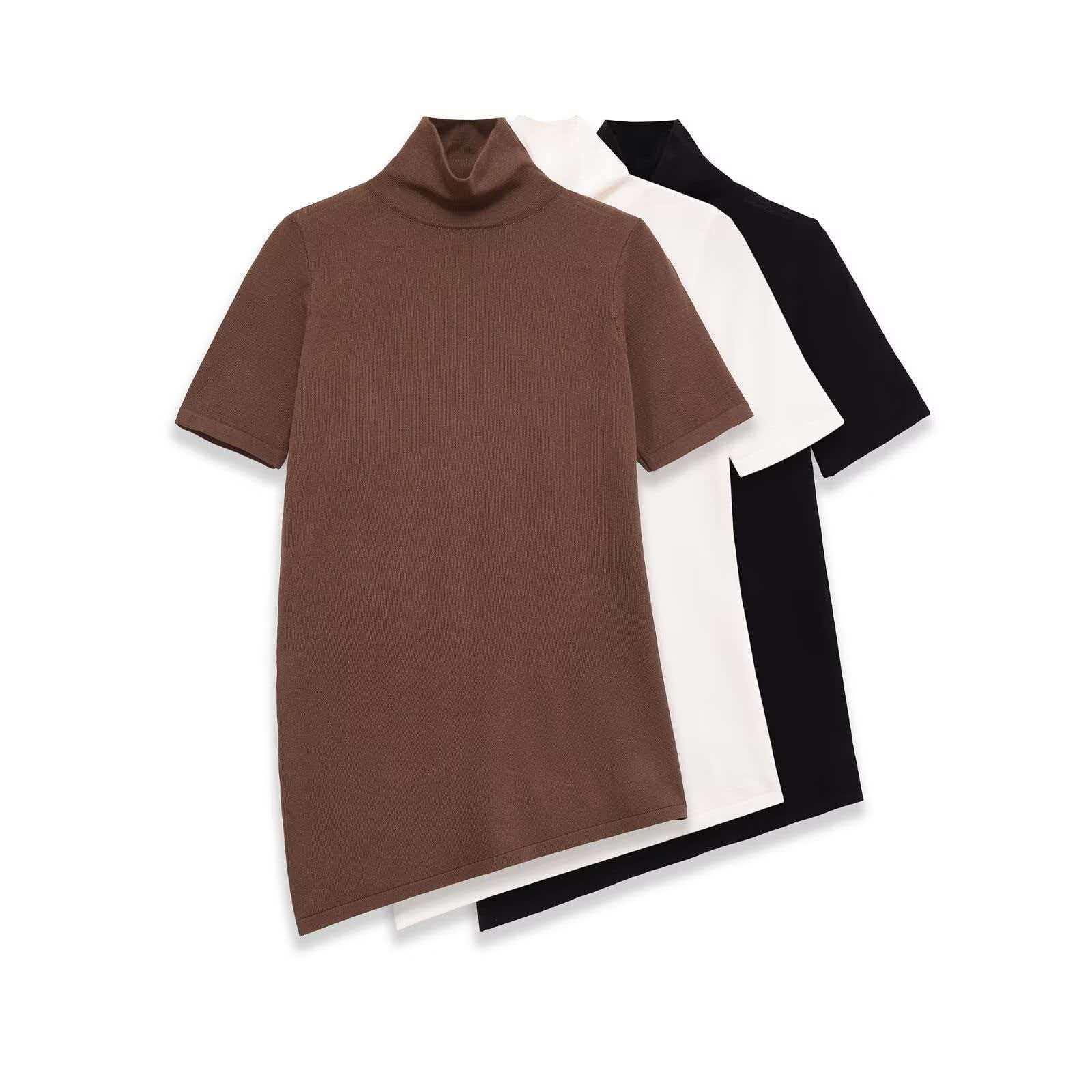 Women's Retro High Neck Short Sleeve Knit Top